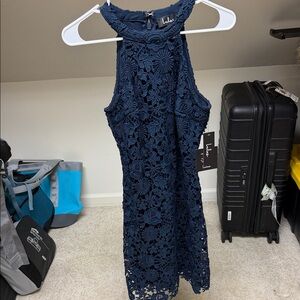 Lulu's Deep Blue Floral Lace Midi Dress